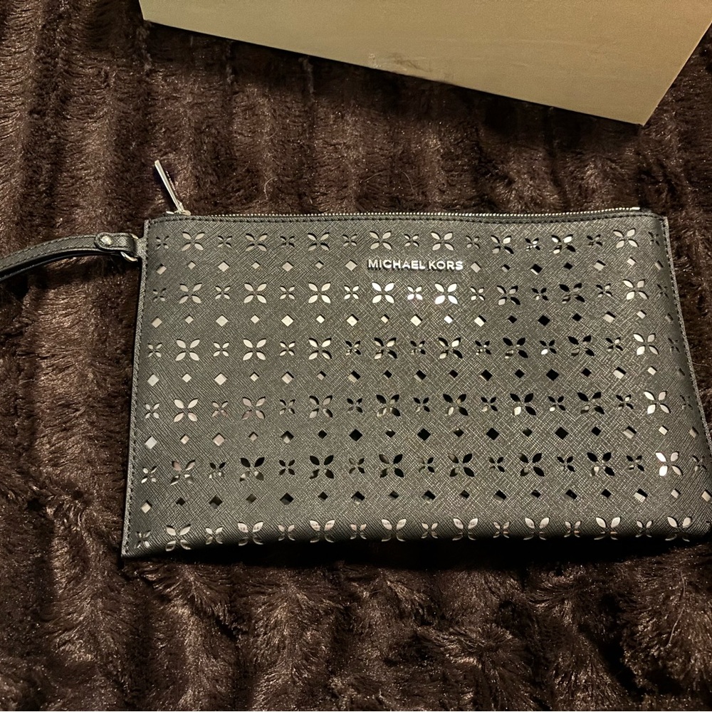 Michael Kors Women’s Floral Perforated Large Zip Clutch - Picture 4 of 13